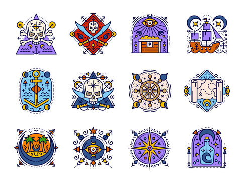 Sacred esoteric pirate symbols of vector line corsair ship, treasure island, chest and map. Pirate crossbones, skull and swords, sailboat wheel, anchor and bottle outline icons with esoteric symbols