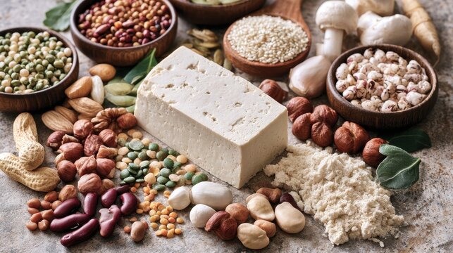 Plant based protein selection featuring tofu block nuts seeds and grains for healthy recipe menu poster background design,National Tofu Day