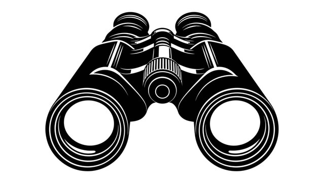 Binoculars Close-up: A detailed, graphic illustration of black binoculars with a focus on their lenses and central adjustment knob, symbolizing observation and exploration.