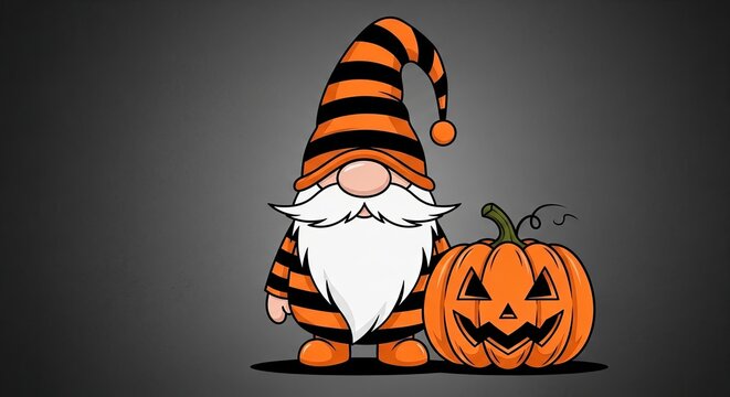 Halloween gnome with pumpkin spooky cartoon character on dark background for halloween day