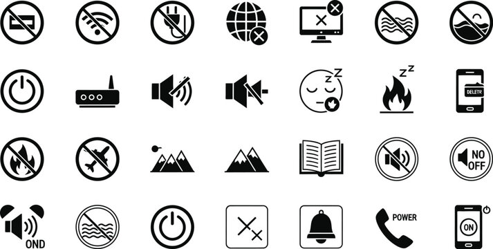 Black glyph icon set restrictions communication nature and device controls