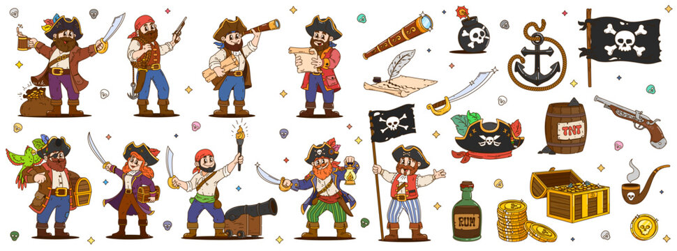 Cartoon pirate characters, funny groovy corsair captain, boatswain, skipper and sailor personages and game icons. Cartoon funny caribbean pirates with treasure map and chest, anchor, black hat, flag