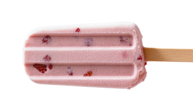 Pink strawberry popsicle with fruit pieces on wooden stick