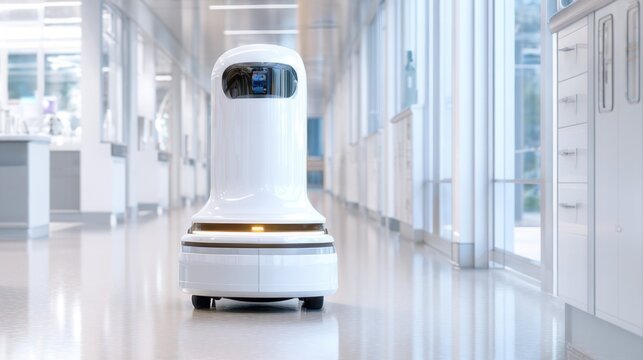 Autonomous service robot in hospital corridor for medical facility design and healthcare technology background