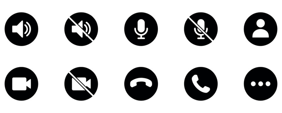 Collection of black and white icons for video calls and online meetings, including mute, camera, and hang up.