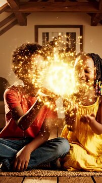 Children play magic game at home. Kids enjoy creating sparkles with hands. Joyful atmosphere captures fun and imagination. Vertical video showcases playful interaction.
