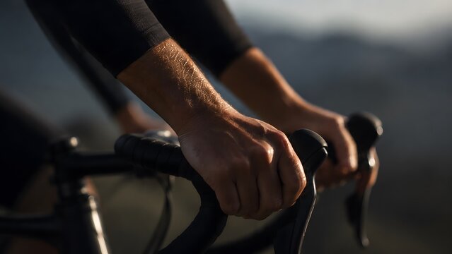 Close up of cyclist hands gripping handlebars of road bike, riding outdoors with blurry mountain background