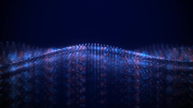 Abstract colorful wavy background in bright blue and orange colors on black backdrop. Modern colorful wallpaper. Seamless loop animation. 3d rendering.