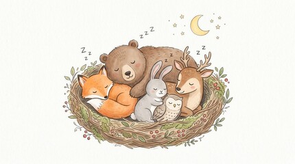 Naklejka premium A bear, fox, rabbit, owl, and deer sleep peacefully in a leafy nest at night under a crescent moon