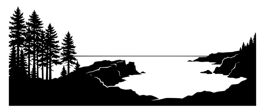 Black and white silhouette of a rocky coastal landscape with pine trees