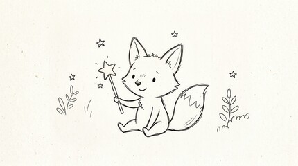 Naklejka premium Smiling cartoon fox sits among simple plants, holding a star wand emitting twinkling sparks