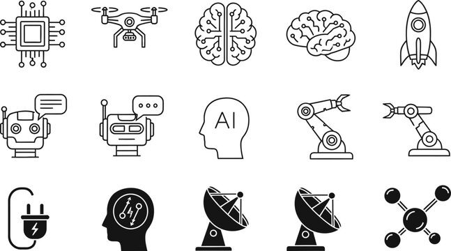 Artificial intelligence and future technology icons set black and white