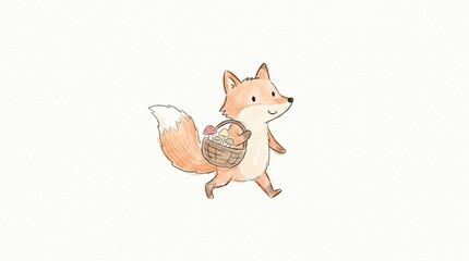 Naklejka premium Cheerful cartoon fox walking and holding a basket containing various colorful forest mushrooms