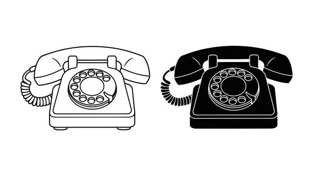 Retro Rotary Phone Duo: A classic rotary dial telephone presented in both outline and silhouette form, representing timeless communication technology.