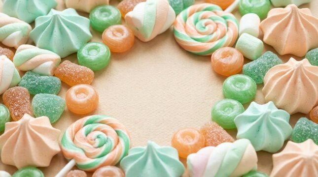 mint candy green and peach puff sweet confectionery background with copy space