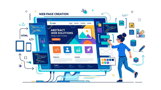 A female designer is creating abstract web solutions on a large monitor surrounded by code, icons, and digital devices, set against a white background with a modern, technological feel