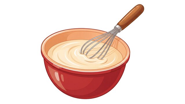 Metal whisk mixing creamy batter in a vibrant red ceramic bowl isolated on white background