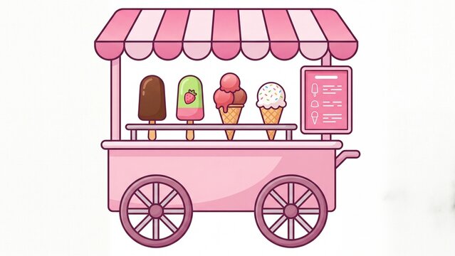 Pink ice cream cart featuring delicious frozen treats and a menu sign on white background