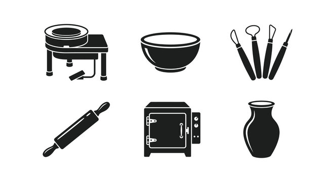 Ceramic and pottery workshop tool icons set in black and white