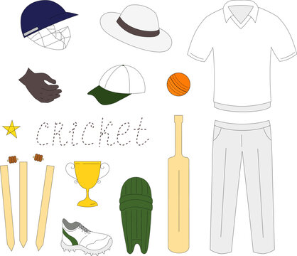 Cricket equipment collage. Cricket tournament set