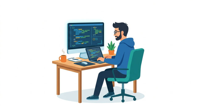 A focused software developer wearing glasses and a hoodie sits at a desk, actively coding on multiple monitors in a bright, modern workspace with a clean white background