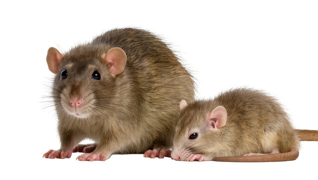 Two brown rats one large and one small, on a white surface