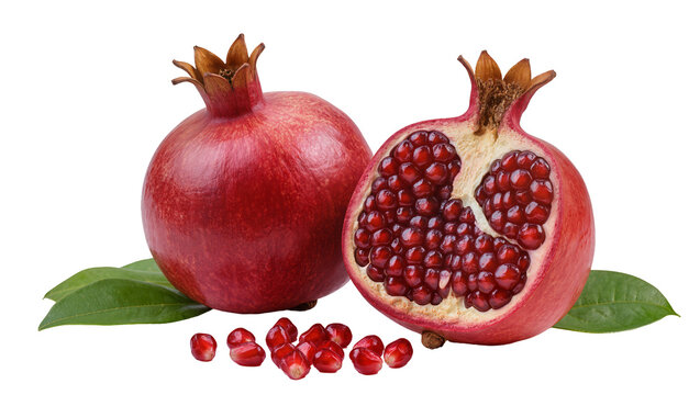 Whole and halved pomegranate with arils and leaves