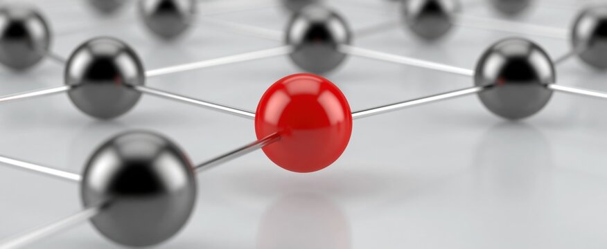 Social network concept featuring metal spheres and a single red standout sphere, representing leadership, uniqueness, and organizational hierarchy.