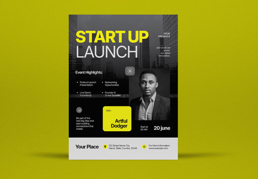 Black and Yellow Modern Startup Launch Flyer