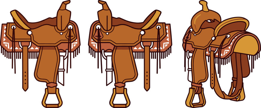Western Horse Saddle Vector Set Featuring Leather Cowboy Tack From Multiple Angles Side And Isometric Views For Equestrian Equipment Designs