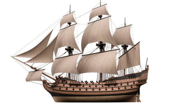 Wooden sailing ship with full sails and cannons