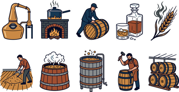 Whiskey Distillery Production Process Icon Set Featuring Copper Pot Still Wooden Aging Barrels Cooper Worker Floor Malting and Decanter Vector Illustrations