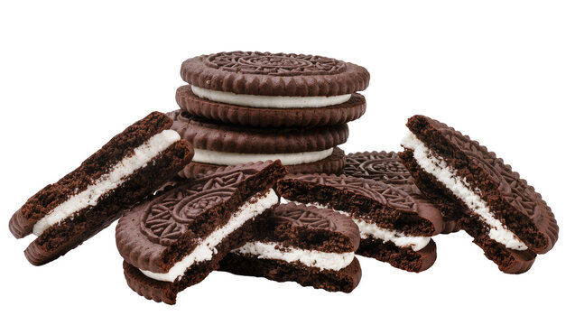 Chocolate sandwich cookies with white cream filling stacked and broken