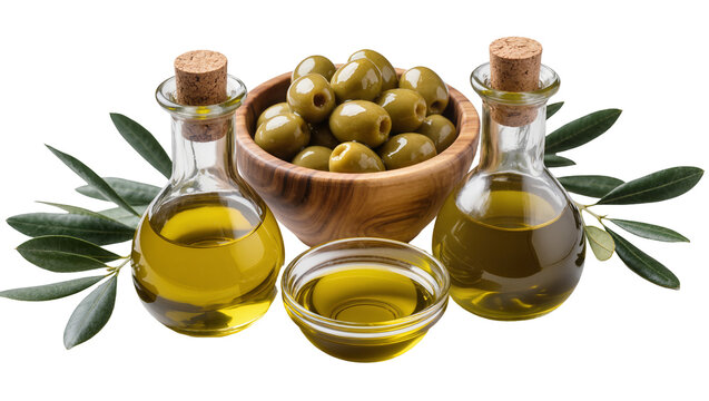 Green olives in wooden bowl with olive oil in glass bottles and dish