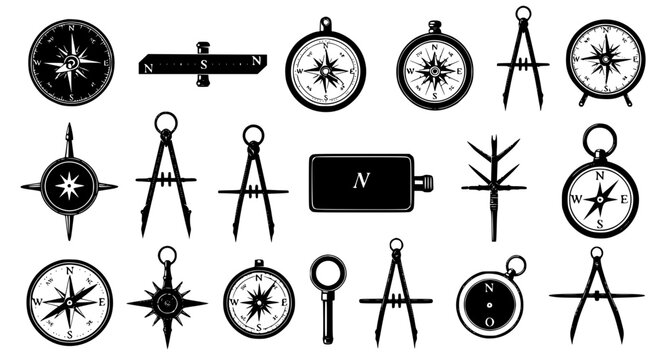 Collection of nautical compass and navigational divider tool silhouettes for cartography and exploration themed graphic design projects on white background