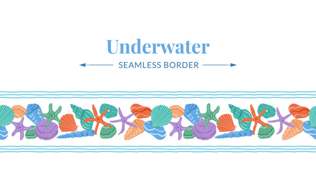 Underwater vector seamless border. Colorful ocean life repeat border frame with scallop shells, spiral and clam sea shells, sea stones, starfish isolated on white background. Coastal playful design