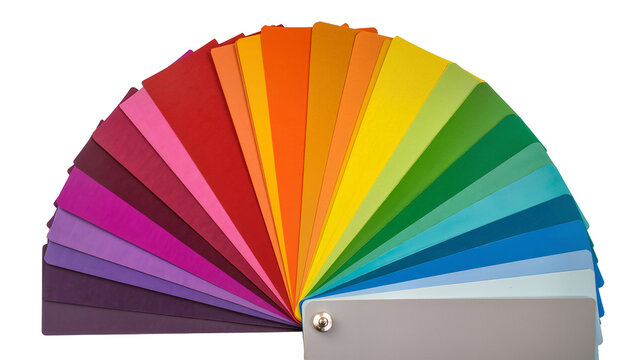 Color swatch fan with rainbow spectrum of paper samples