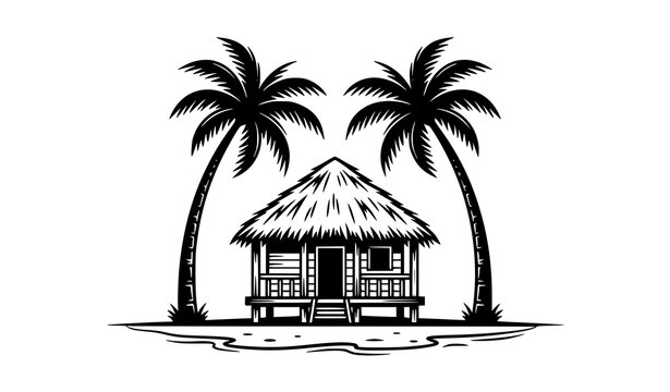 Black and white tropical beach hut with palm trees vintage vector illustration