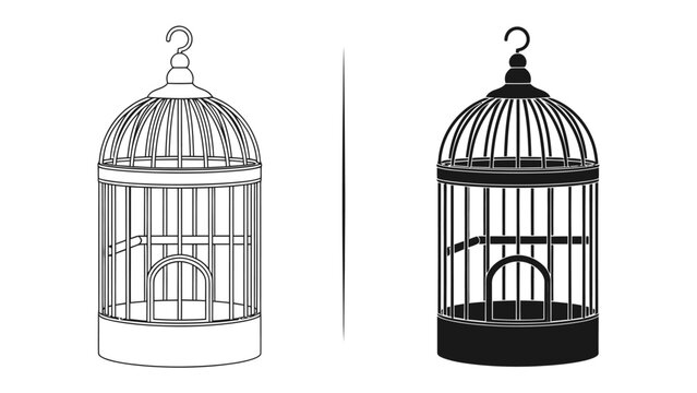 Empty Bird Cages - A side-by-side illustration of two empty bird cages, one in outline and the other in black silhouette, representing freedom and confinement.