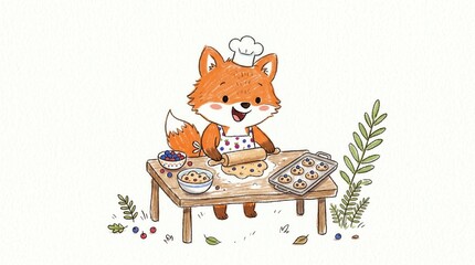 Obraz premium Smiling fox wearing a chef hat rolls cookie dough with blueberries on an outdoor table