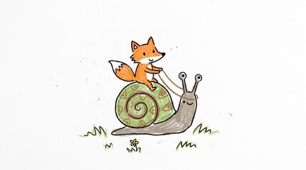 Obraz premium A small orange fox rides a large green snail, guiding it with reins on grassy ground