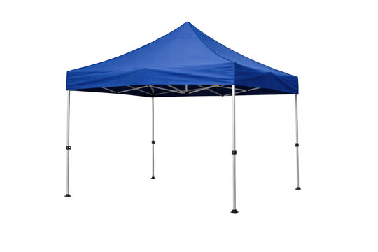 Blue pop-up canopy tent, portable folding event shelter with steel frame, outdoor market booth shade structure isolated PNG with Transparent Background