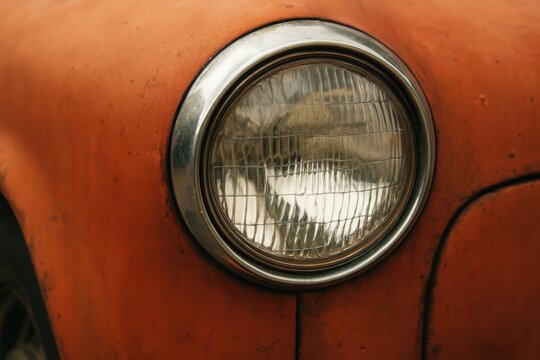 Rusty Vintage Car Headlight and Weathered Orange Paint Close-up