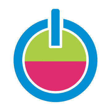 Clean minimalist power button icon with a circular frame and vertical line, featuring bold flat colors and simple geometric shapes isolated on a white background. User interface design concept
