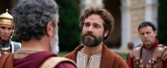 Fototapeta premium Apostle Peter in dialogue with a Roman officer and attendants in historic robes and armor within a stone courtyard.