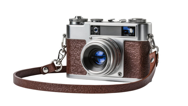 Retro silver camera with brown leather texture and strap