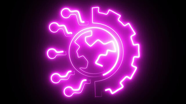 Glowing blue ai technology icon animation featuring half globe and cogwheel with digital data streams futuristic artificial intelligence network symbol