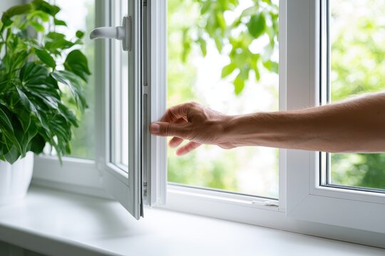 White window frame detail. Person hand opens the metal door closeup. New plastic PVC window installed at modern house, green trees view. Typical installation of insulated glazing uPVC windows frames.
