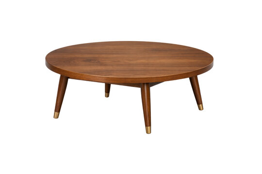 Mid-century modern wooden coffee table, round walnut veneer furniture, retro living room centerpiece for home interior isolated PNG with Transparent Background