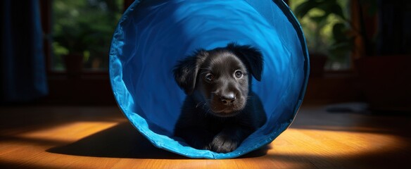 Fototapeta premium A playful puppy darts through a bright blue tunnel like a sunbeam on a wood floor.